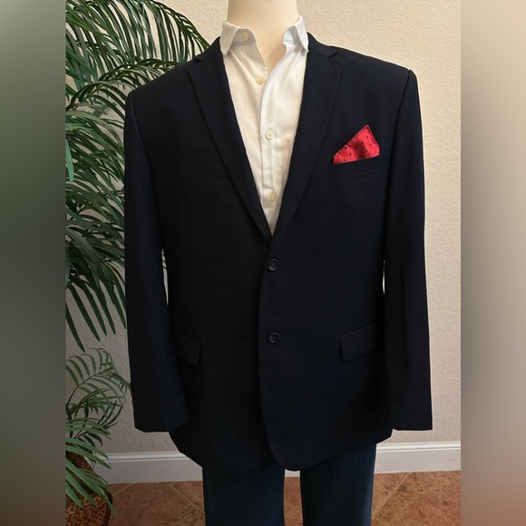 CARAVELLI MENS SUIT JACKET SIZE 46 SLIM FIT NAVY BLUE BLAZER POLY